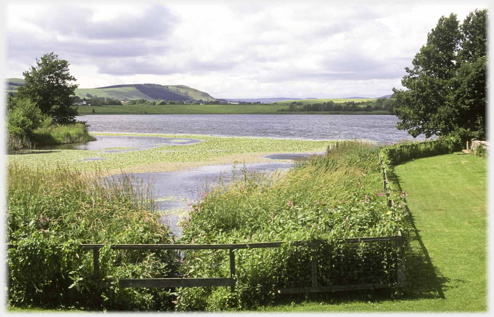 Loch with greenery, hill beyond.