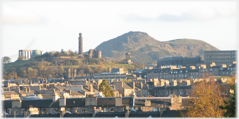 Evening light on calton Hill, Arthur's Seat beyond.