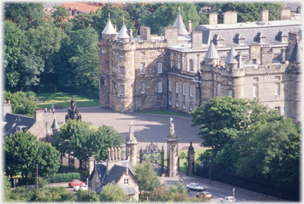 Entrance gates and end of building.