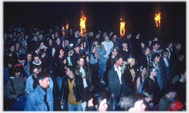 Crowd with torches.