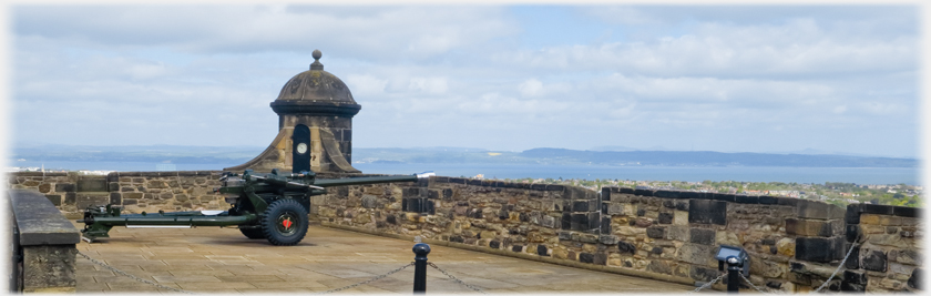 Modern field-gun pointing over battlements.