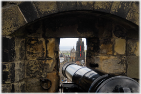 View through loop over cannon to St Columba's church.