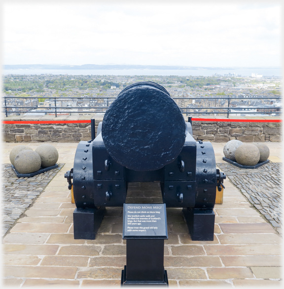 Rear of large cannon with city beyond.