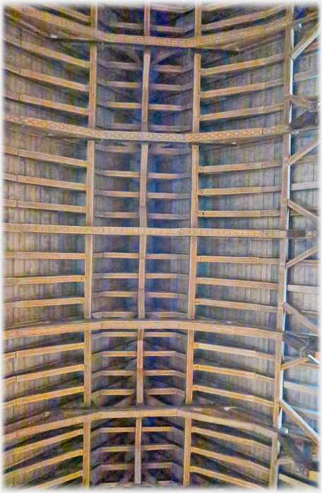 Looking up at the roof beams of the ceiling of the Hall.
