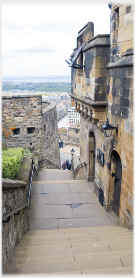 Steps decending with buildings and trees in distance.