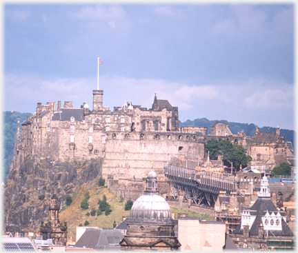 Castle from south east, seating stands on esplanade.