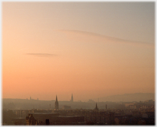 Misty late evening with many spires.