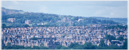 Suburb with treed hill and large house beyond