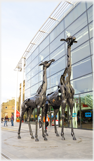 Two metal giraffes by glass fronted building.
