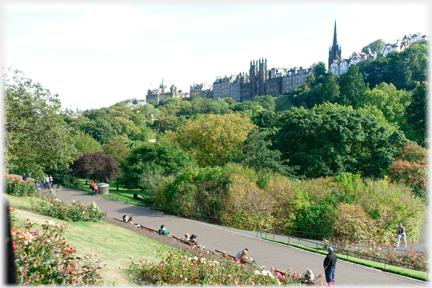 View over tree tops towards The Mound and its buildings.