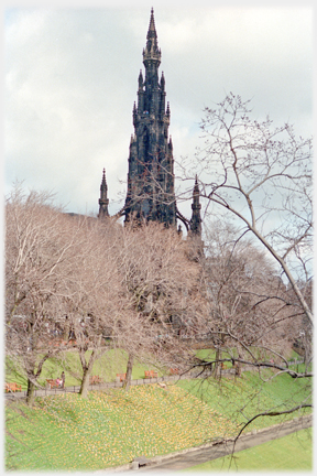 Leafless trees and empty seats below the Scott Monument.