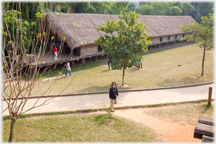 Thatched 80 metre long house on short stilts.