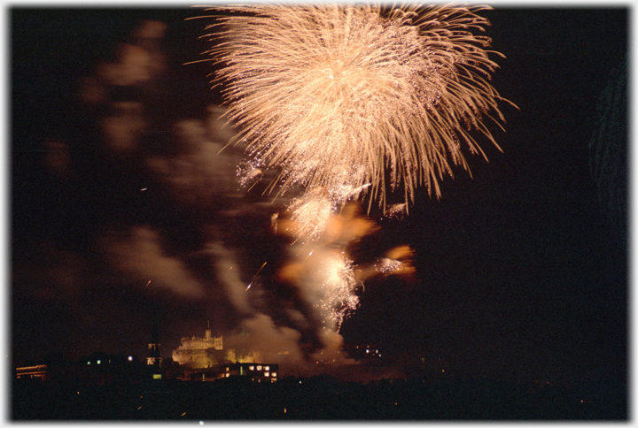 Large fire bronze burst over castle.