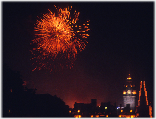 Orange fire bursts and North British Hotels.