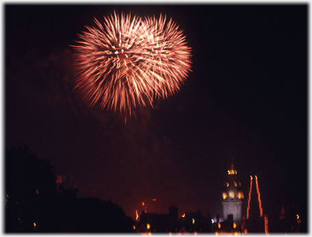 Pair of orange bursts over the North British Hotel.