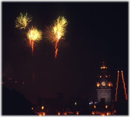 Three sets of flares with North British Hotel below.