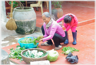 Woman preparing greens with child
