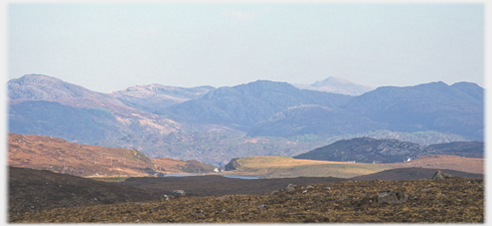 Ranges of low wooded hills with moorland in foreground and two separate houses just visible.