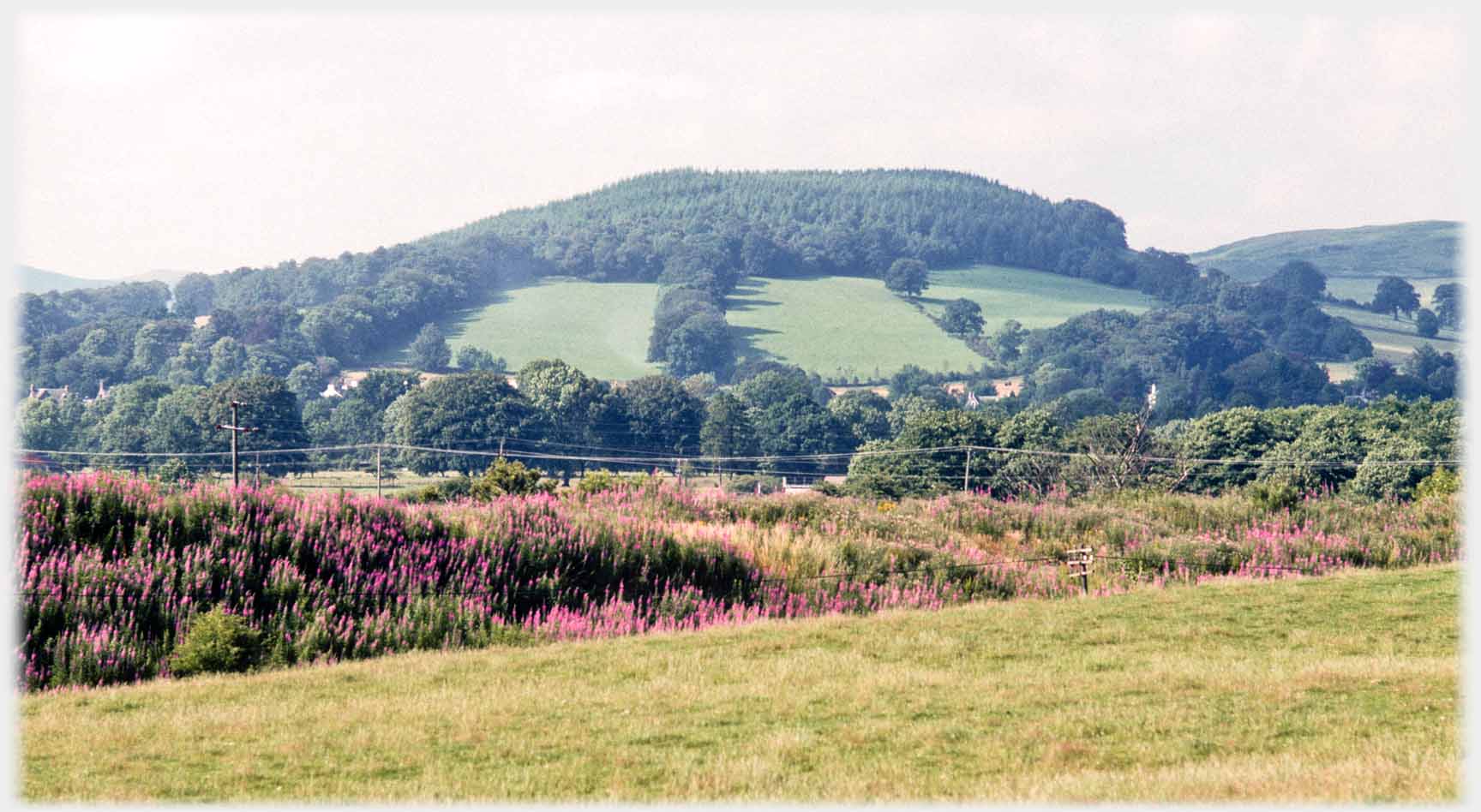 Fields cottages, farm and hillside.
