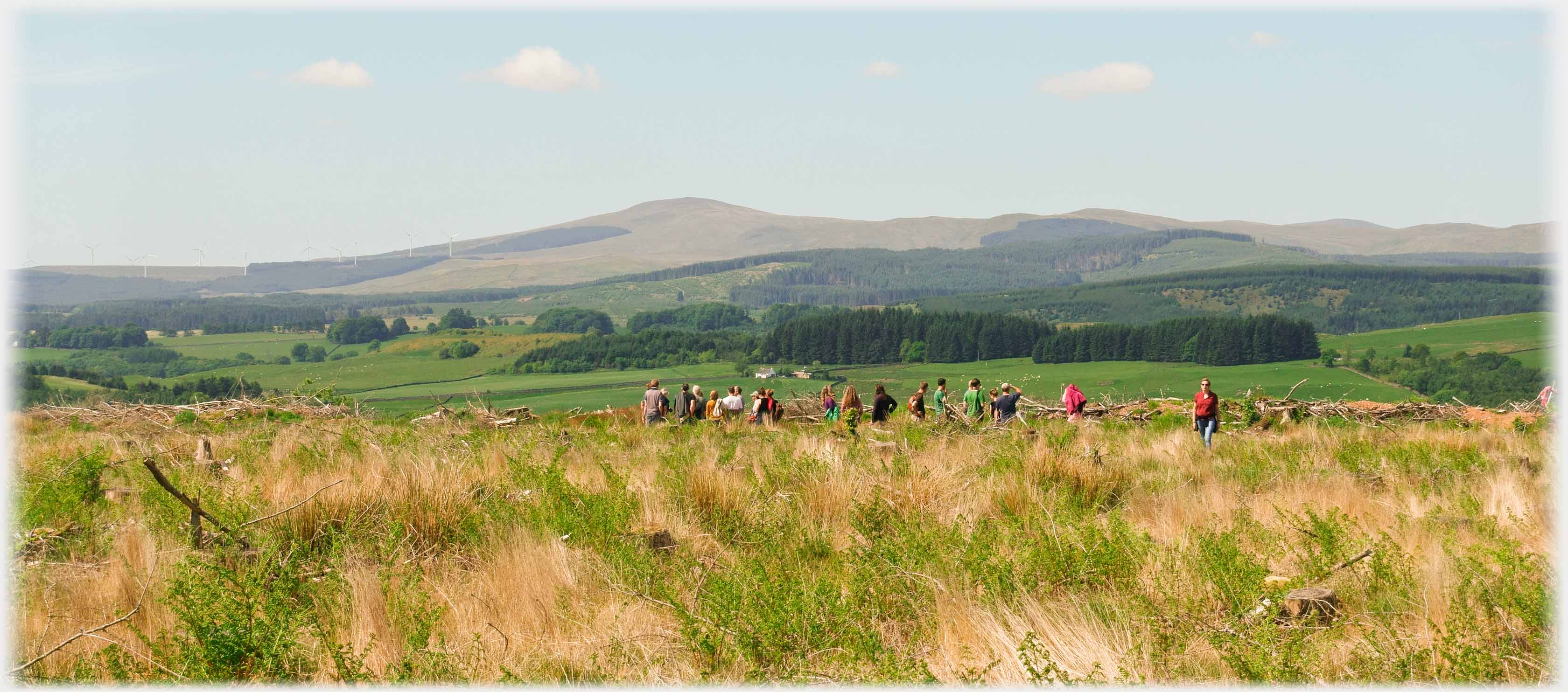 Grassy flat hilltop with group of people and iconic hill in distance.