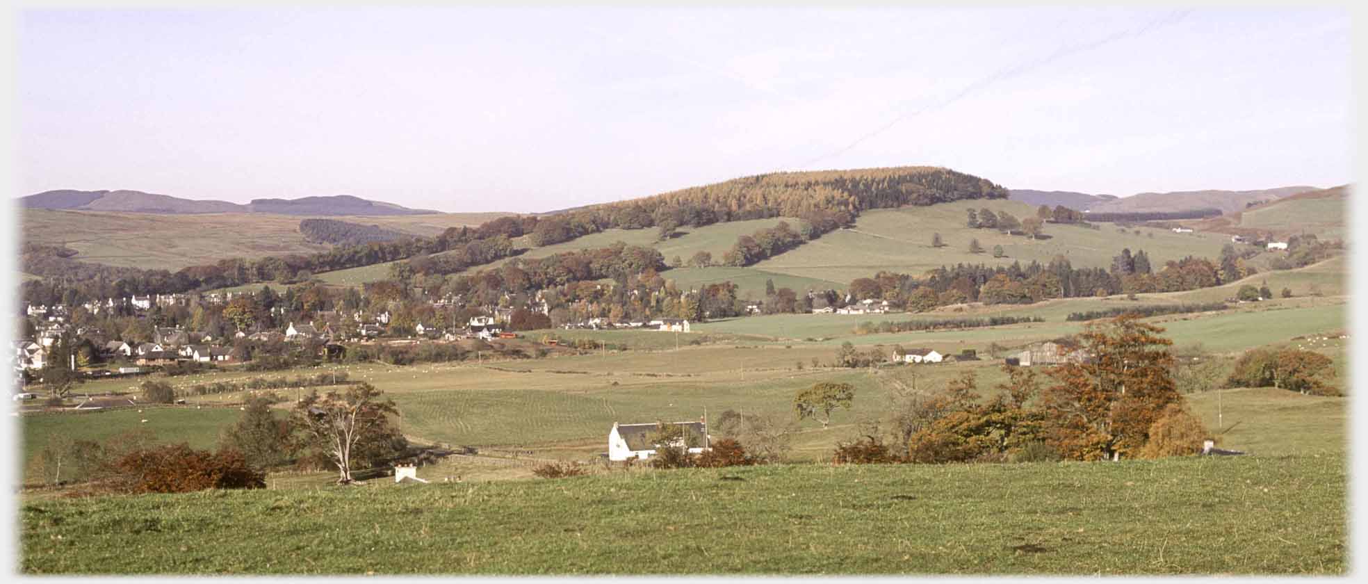 Low hill with trees on top and houses amongst trees to left.