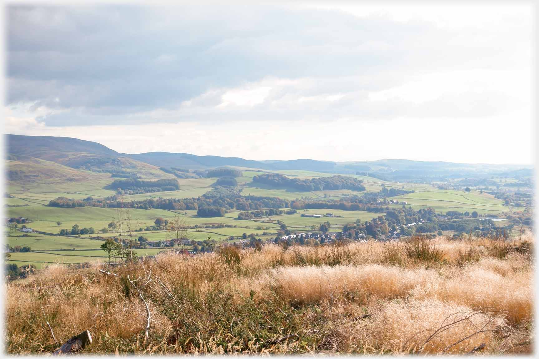 Hills at left running down to undulating treed landscape.