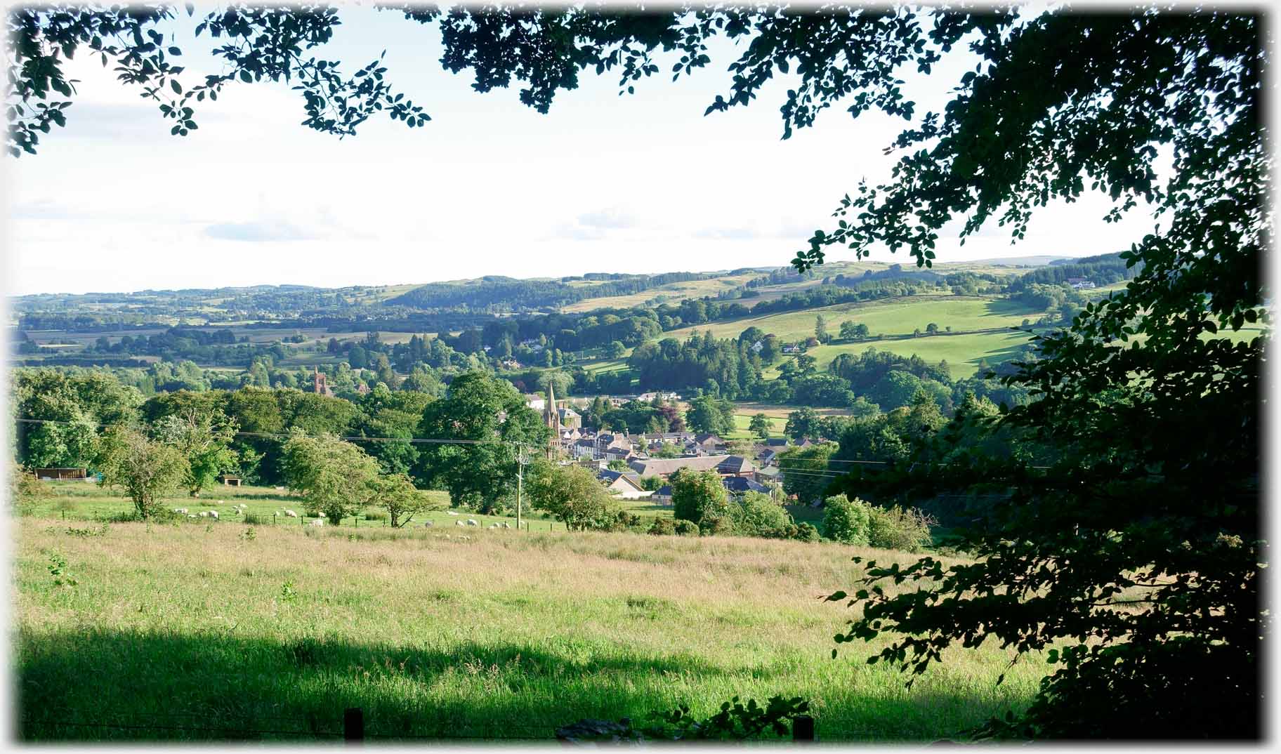 Field in foreground, gentle rolling treed landscape church and buildings just visible.