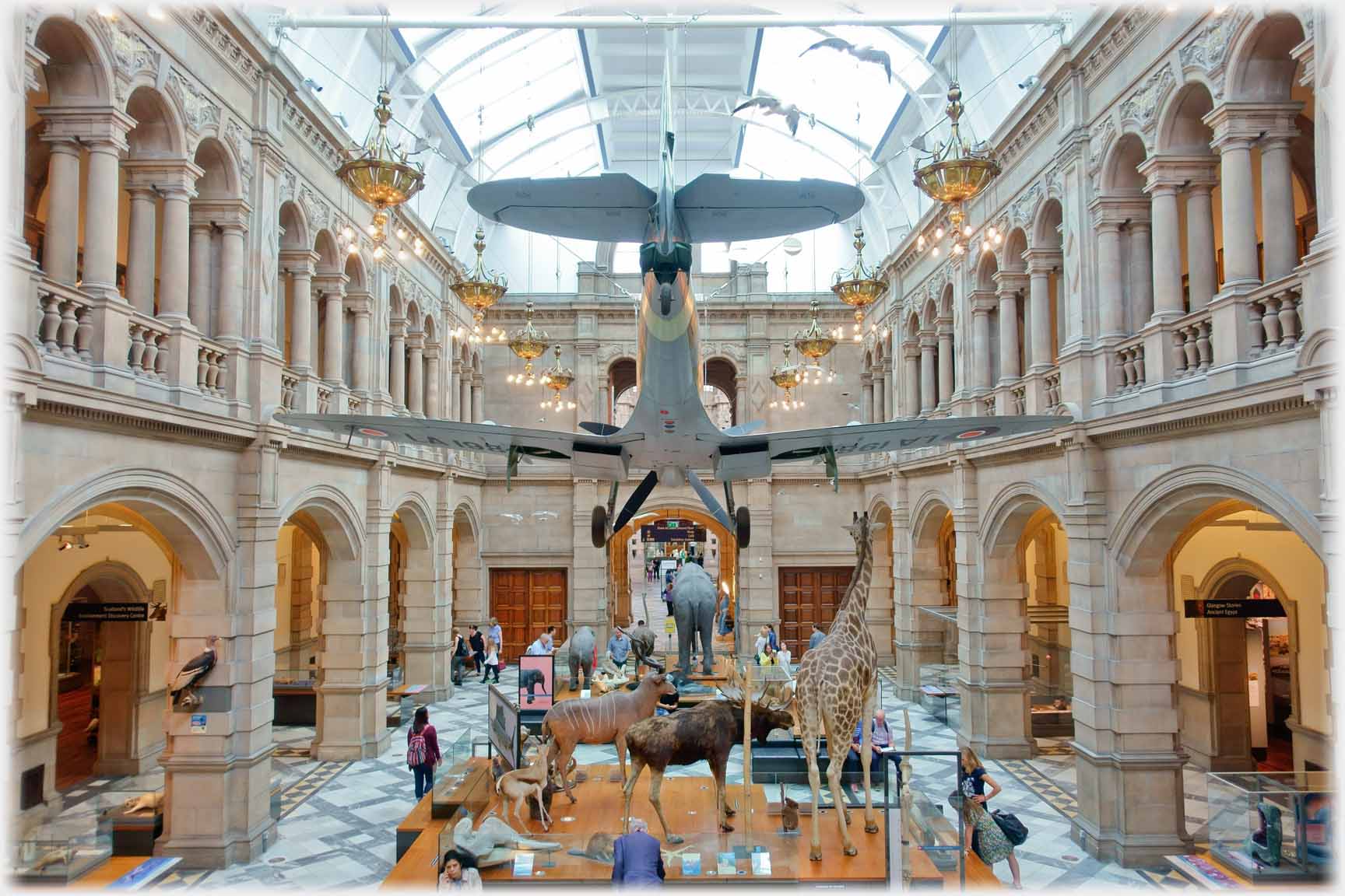 Aircraft hanging in hall rear to camera, stuffed animals below.