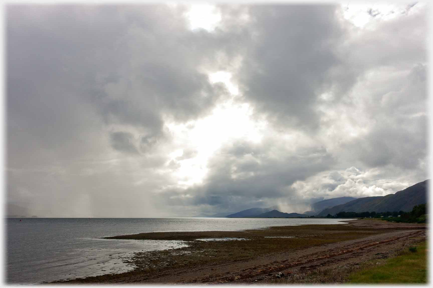 Heavy clouds with showers below seen across loch.