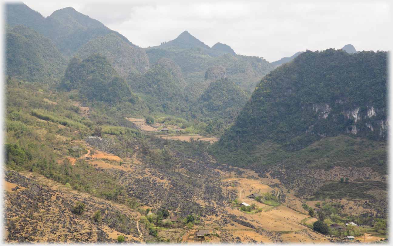 Sloping ground with orange soils and background of karsts.