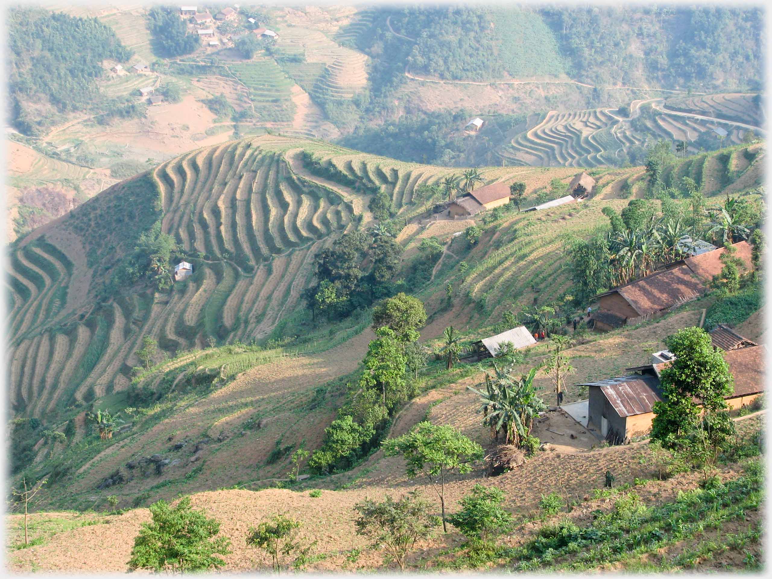 Houses and terracing on hill crest above valley.