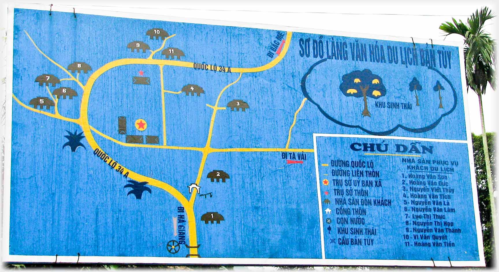 Display board with road and names of stilt houses along the road.