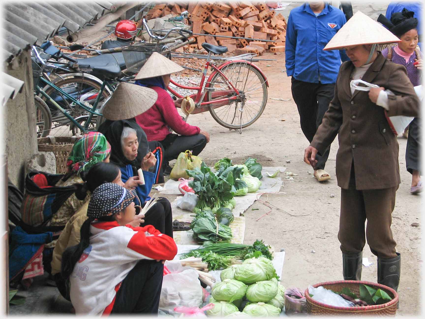 Woman looking at vegetables in front of sellers on ground.