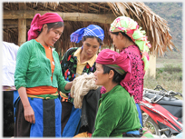 Four women discussing a schene of wool.