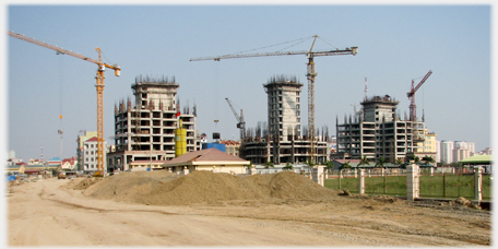 Three blocks of a dozen stories being constructed with cranes.