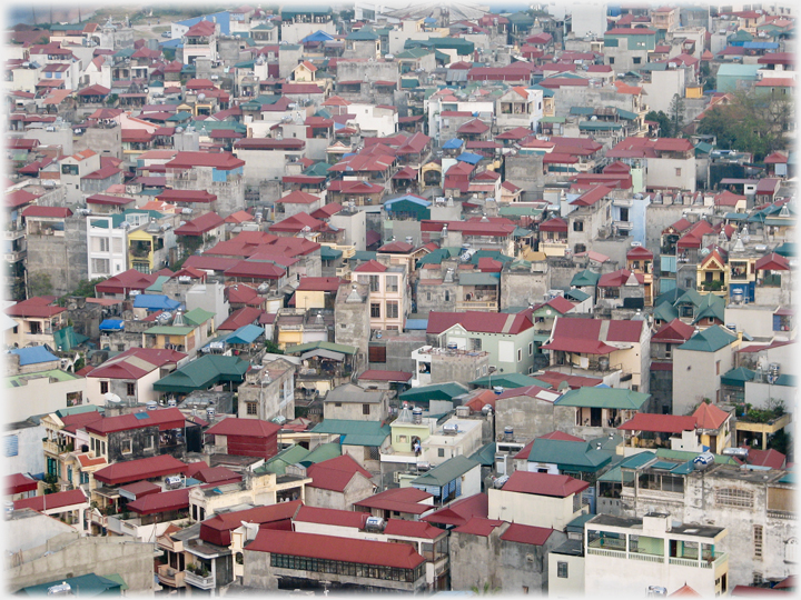 Looking down on area of densly packed houses.