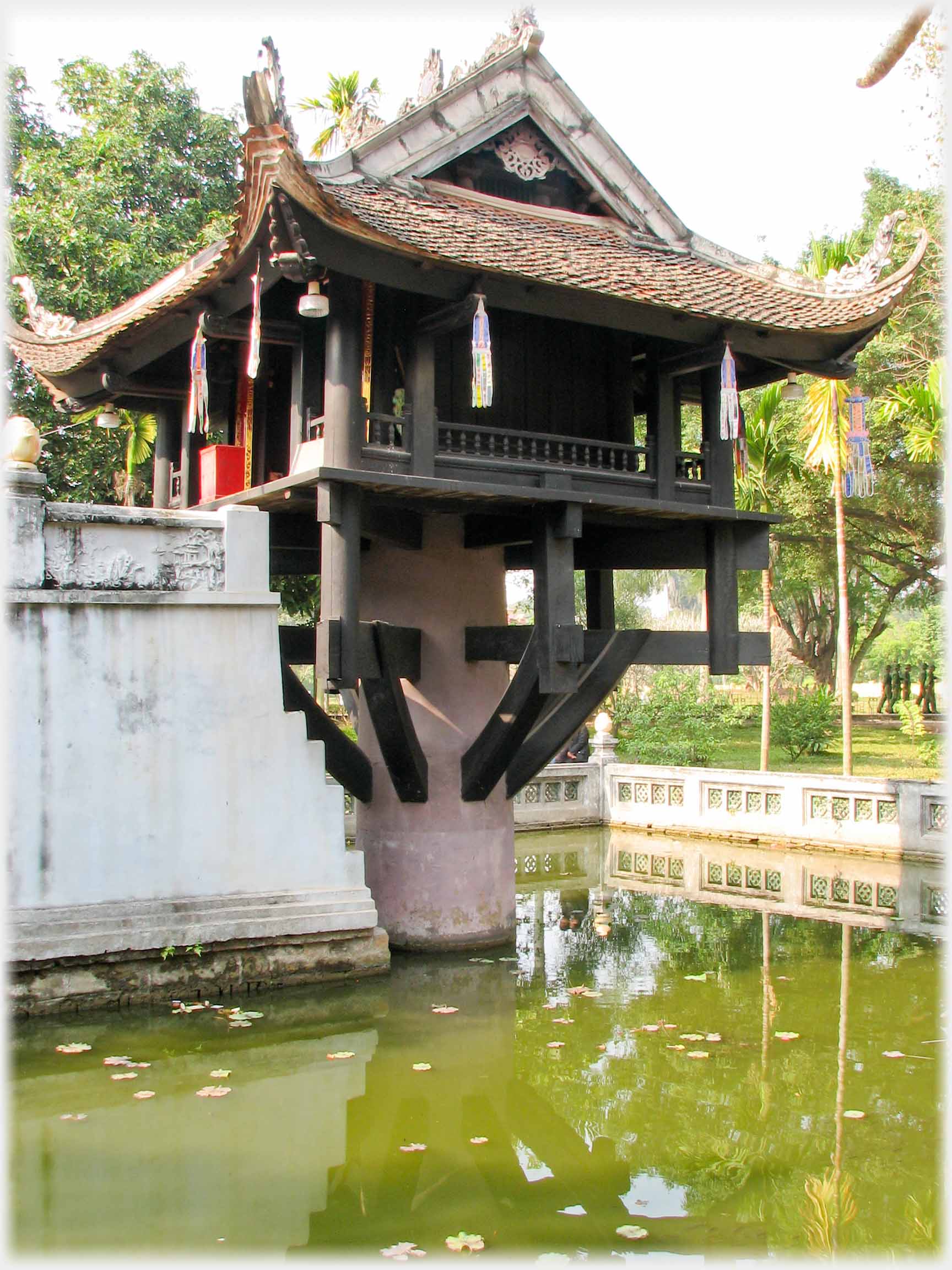 Angled view of pagoda and steps.