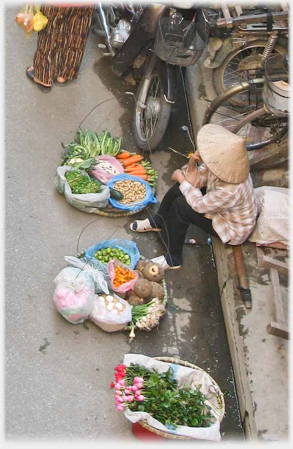 View from above looking down on a woman sitting on her cross bar beside baskets of vegetables.