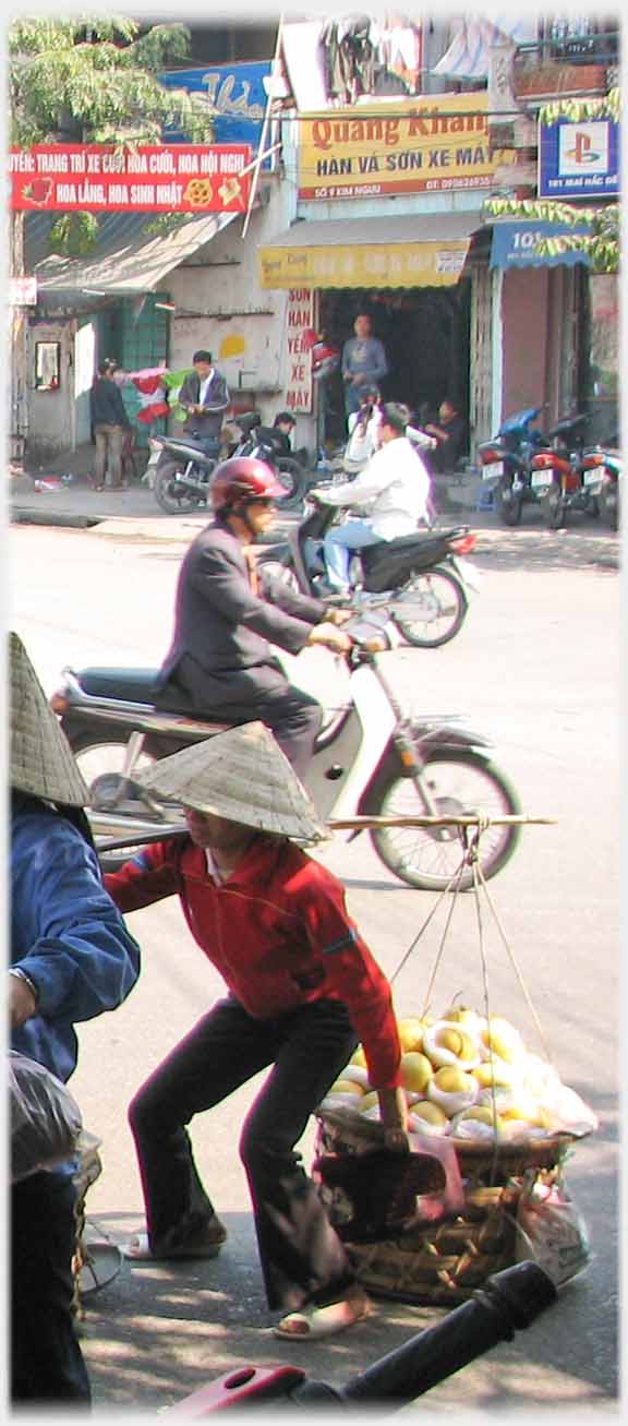 Second of three shots of woman heaving heavy load of fruit off the ground.