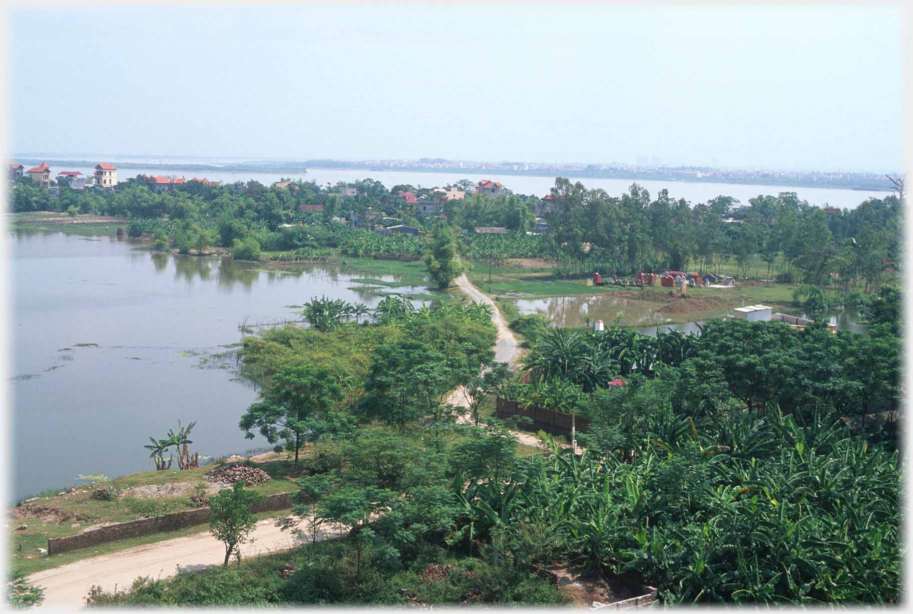 Wooded area with lagoons, road and river beyond.