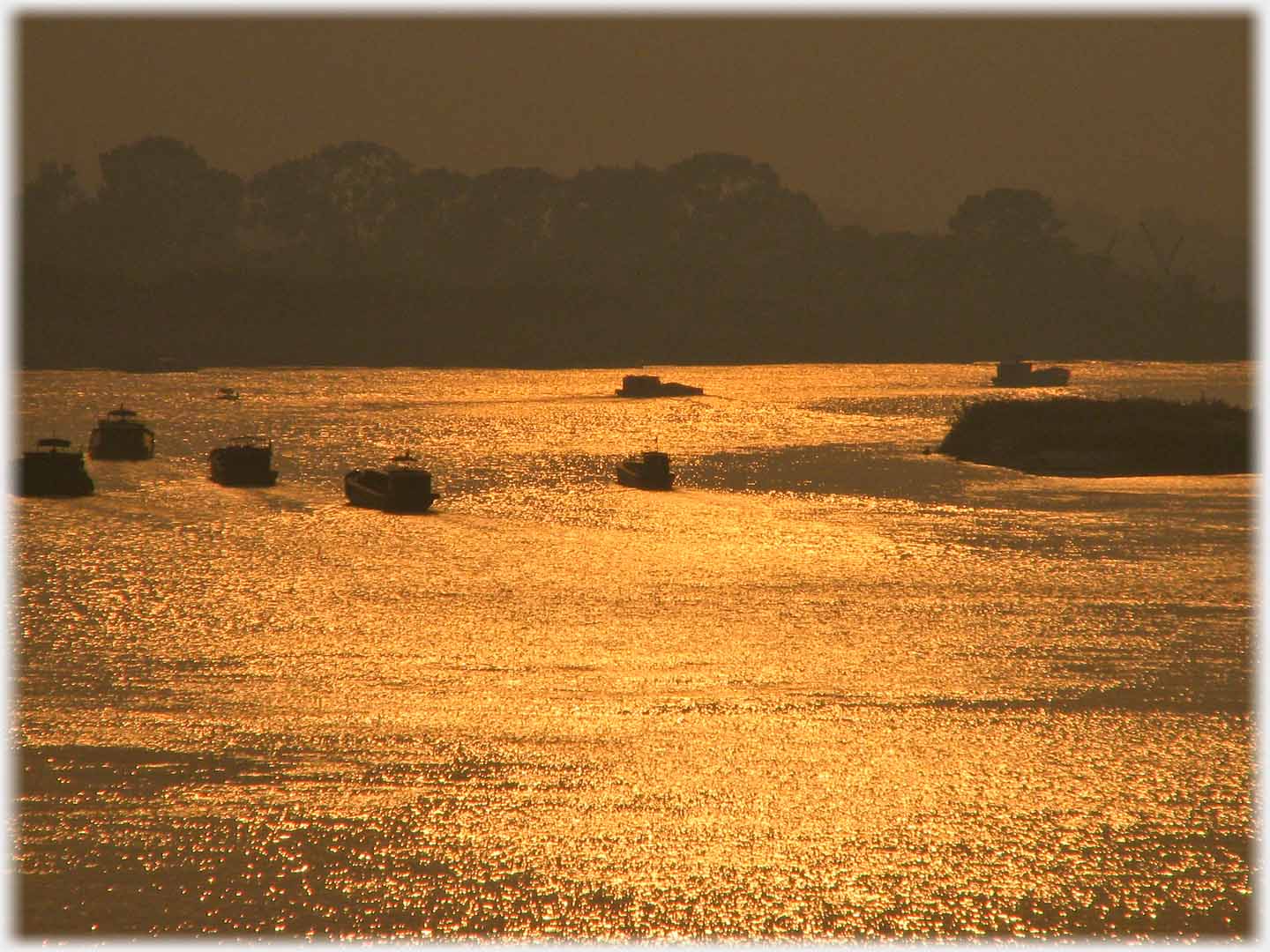 Number of boats on wide river whole of which is covered with shimmering reflected sunset.