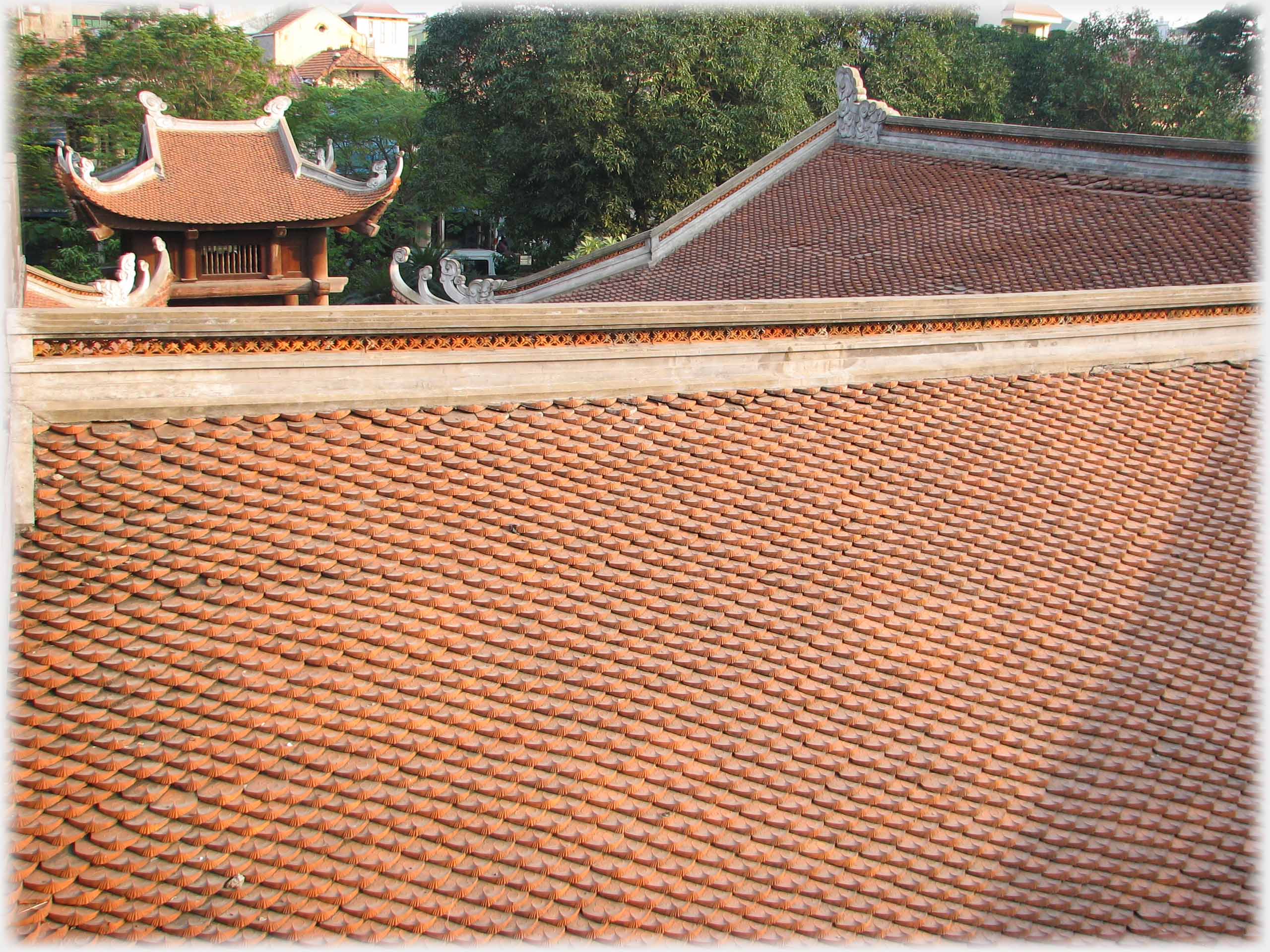 Large expanse of tiled roof with apparently small building beyond.