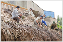 Men working thatching the cafe roof.