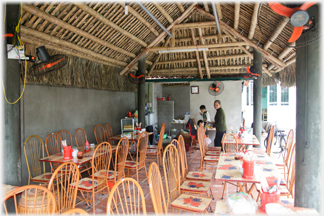 The covered part of the cafe with chairs and tables set out.