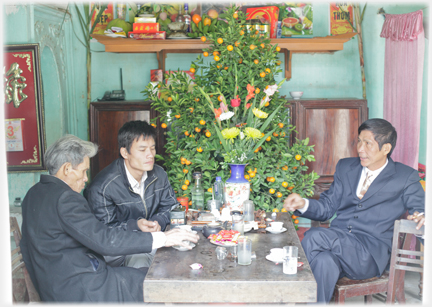 Men of the family sitting at a table in front of a Kumquat tree and below an altar shelf.