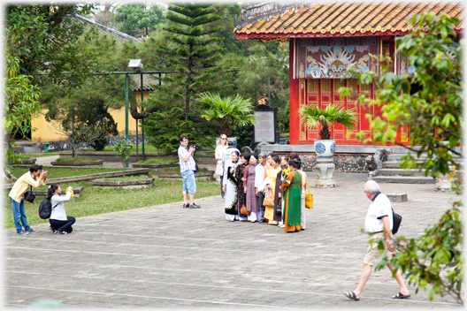 Taking photos outside the Hung Mieu Temple.