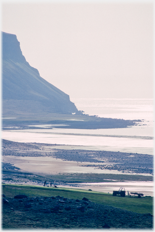 Workers in a field with sea and cliffs behind.