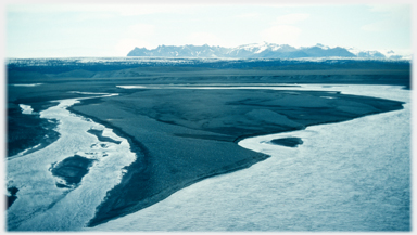 River meanders and mountains.