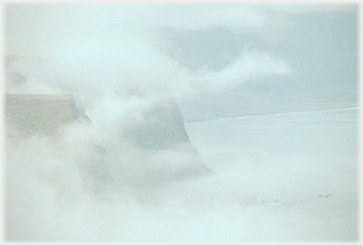 Clouds enveloping the cliffs.
