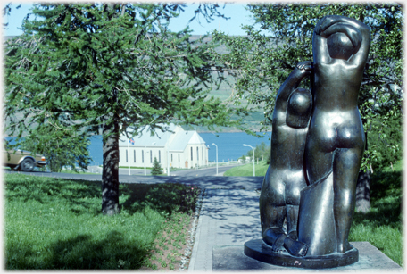 Sculpture and church in Akureyri.